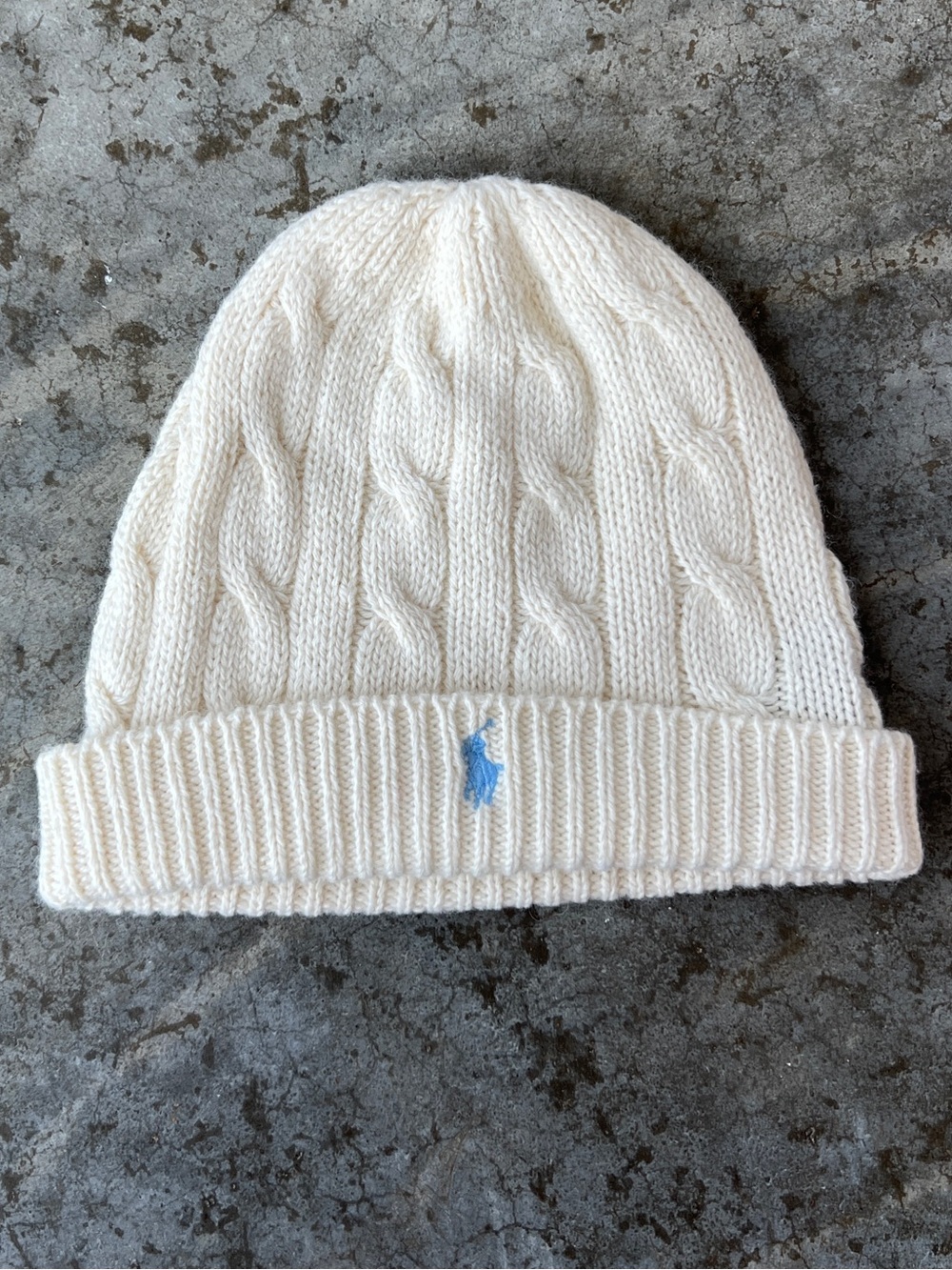 Lauren Ralph Lauren Beanie Hat Cable Knit Ivory Baby Blue Polo Pony Logo Wool OS